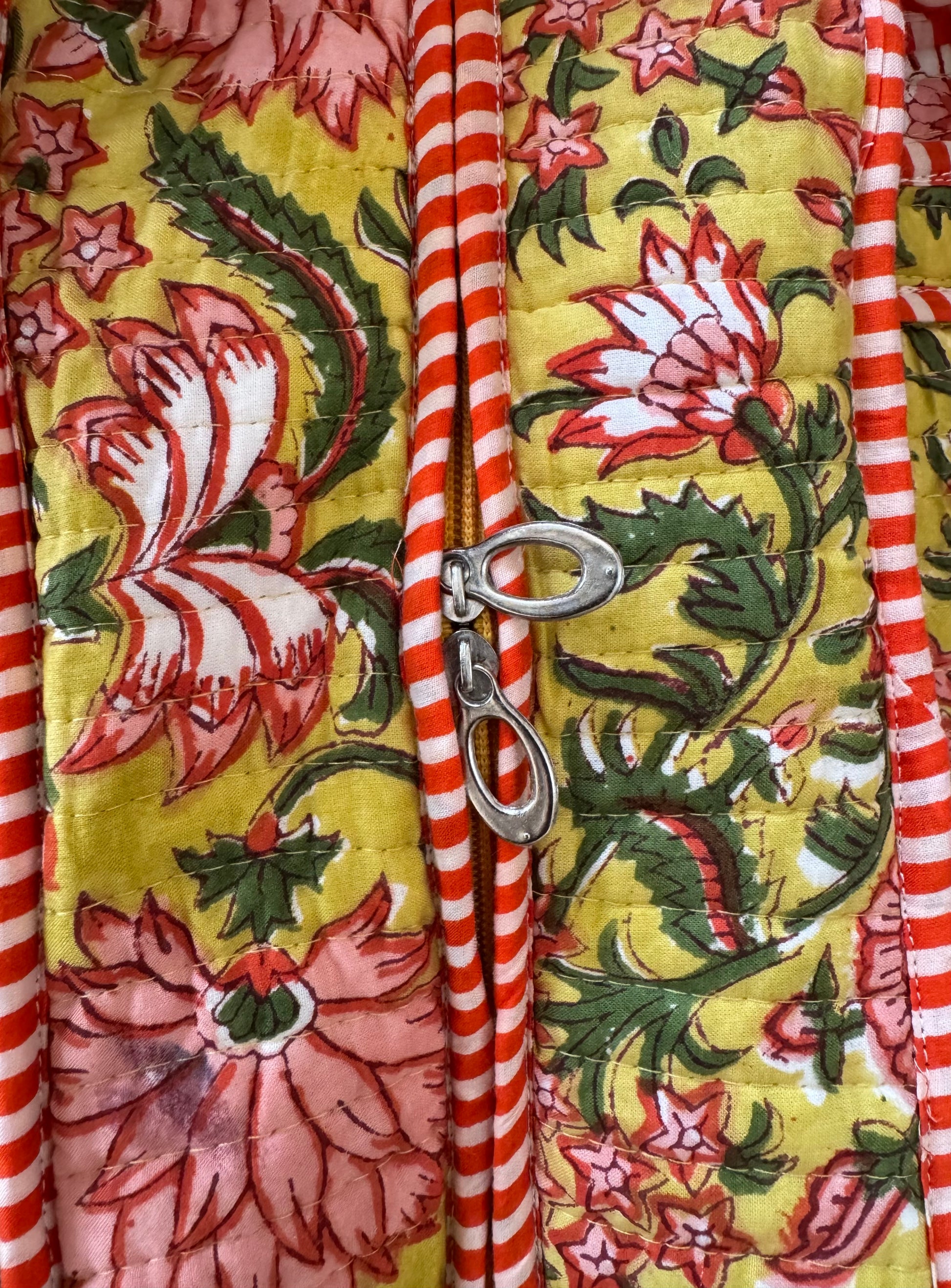 House of Mulmul - Cotton Tote Bag, Travel Bag. Floral-patterned bag with red and white striped handles