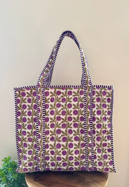 House of Mulmul - Cotton Tote Bag, Travel Bag. Floral patterned tote bag with purple flowers on a plain background