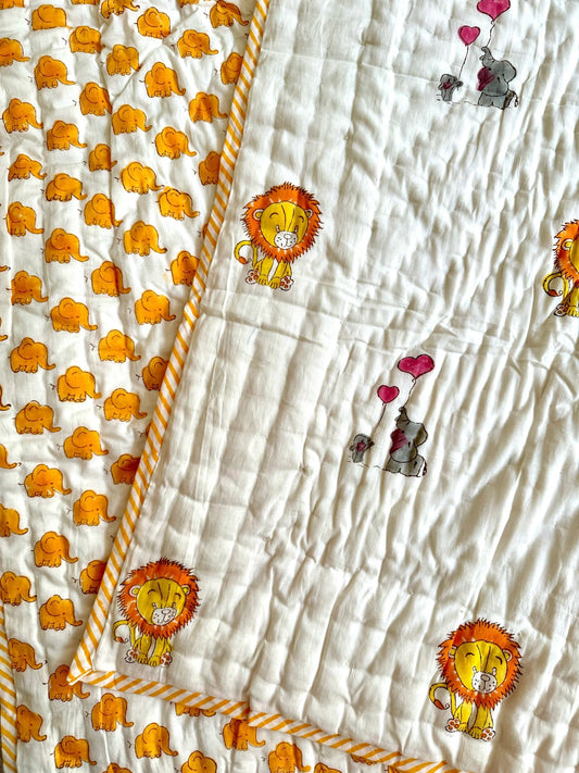 House of Mulmul - Blockprinted Kids Cotton Quilts with reversible design.  