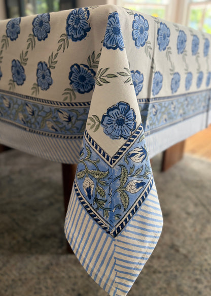 Oudh Blossom Block Print Cotton Tablecloth - Blue White Grey - 6 Seater - 60x90 inches