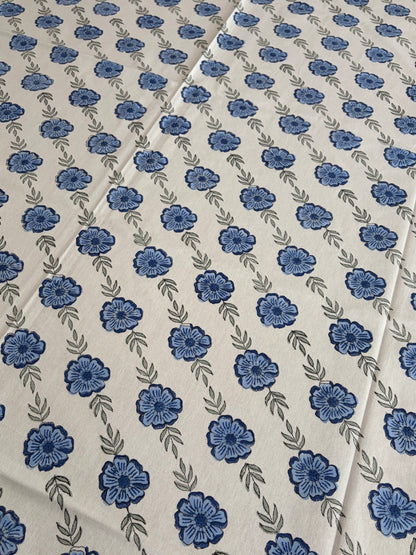 Oudh Blossom Block Print Cotton Tablecloth - Blue White Grey - 6 Seater - 60x90 inches