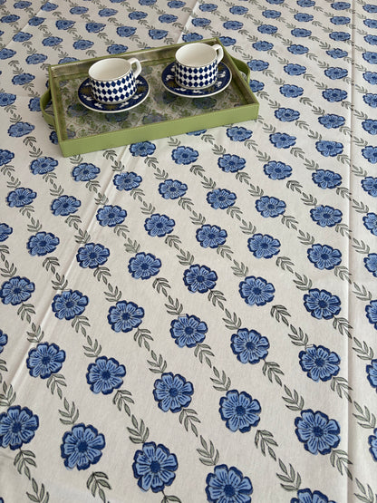 Oudh Blossom Block Print Cotton Tablecloth - Blue White Grey - 6 Seater - 60x90 inches