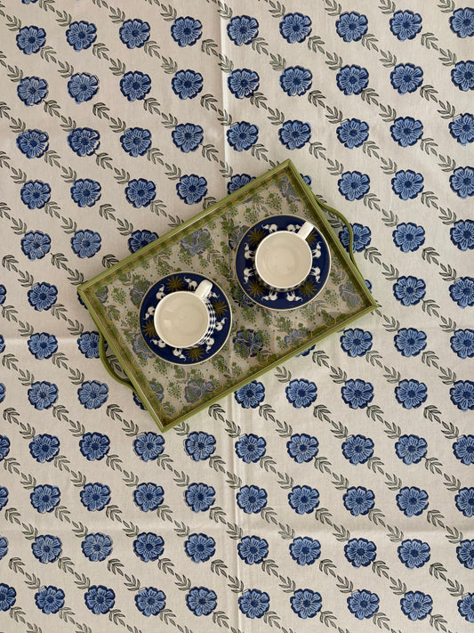 Oudh Blossom Block Print Cotton Tablecloth - Blue White Grey - 6 Seater - 60x90 inches