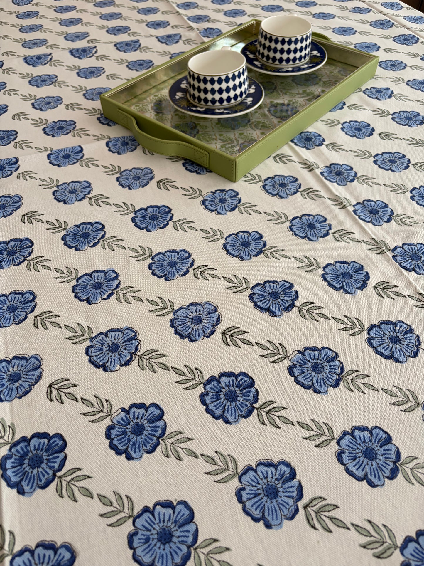 Oudh Blossom Block Print Cotton Tablecloth - Blue White Grey - 6 Seater - 60x90 inches