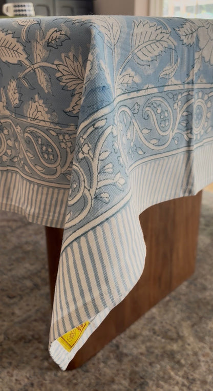Fern & Floret Block Print Cotton Tablecloth collection - Blue White - Multiple Sizes