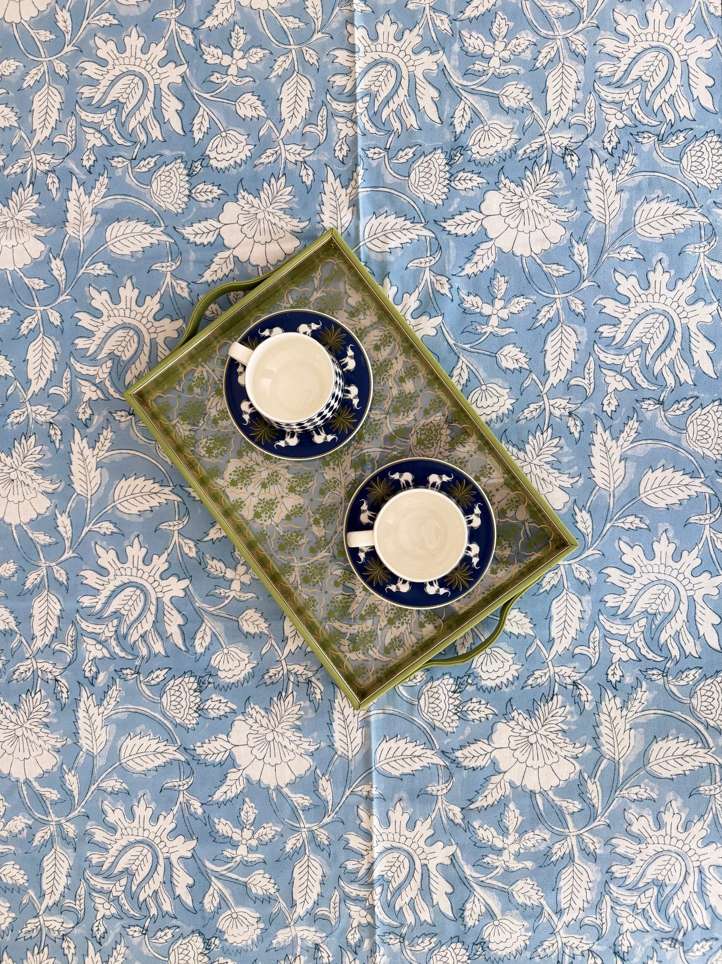 Fern & Floret Block Print Cotton Tablecloth collection - Blue White - Multiple Sizes