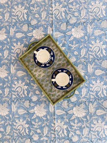 Fern & Floret Block Print Cotton Tablecloth collection - Blue White - Multiple Sizes