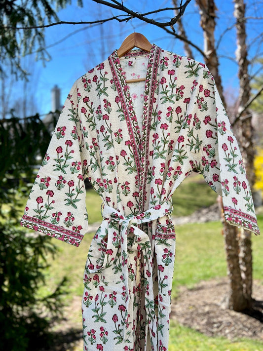 House of Mulmul - Blockprinted Cotton Bathrobe. Pink White Green. Floral bathrobe. Indian print cotton Bathrobe.
