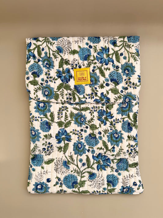 Block printed Quilted MacBook & Laptop Sleeve - velcro closure (White Blue)